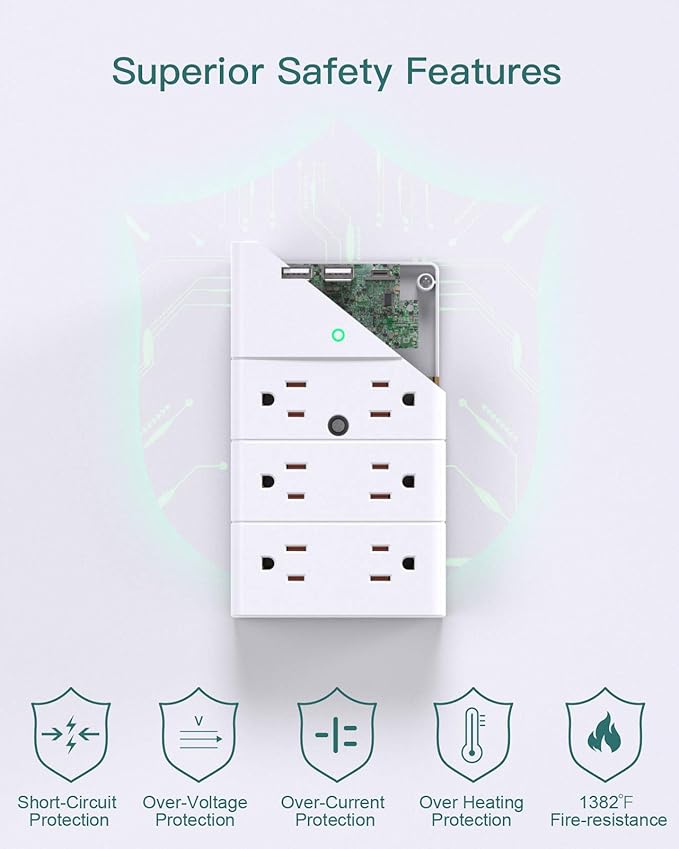 Addtam Multi Plug Wall Outlet, Surge Protector Wall Mount with 12 Outlet Extender 4 Sides and 3 USB Ports (1 USB-C), Outlet Splitter Power Strip for Home Office Dorm Room Essentials, White