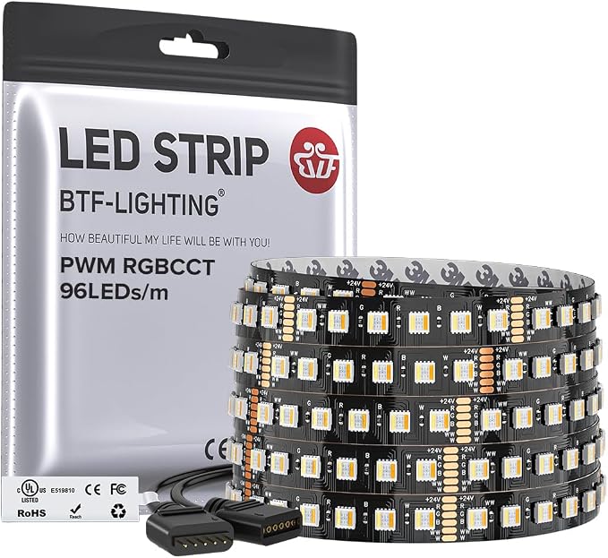 BTF-LIGHTING RGBCCT LED Strip UL Listed 16.4ft 96LED/m 300LED DC24V IP30 | Black LED Tape 12mm wide 5 Colors in 1 RGB+Dimmable Tunable Color Temperature 2700K-6500K for Decor(No Adapter or Controller)