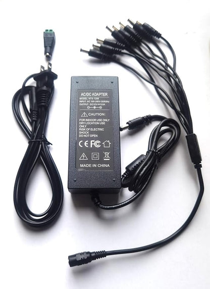 12V 5A Power Supply AC DC Adapter + 8 Way Splitter Power Cable for CCTV Security Camera DVR NVR HVR(Analog,AHD,IP), 5050 3528 RGB LED Strip Lights, Plug 5.5mm x 2.5mm (5.5mm x 2.1mm) + DC Output Jack