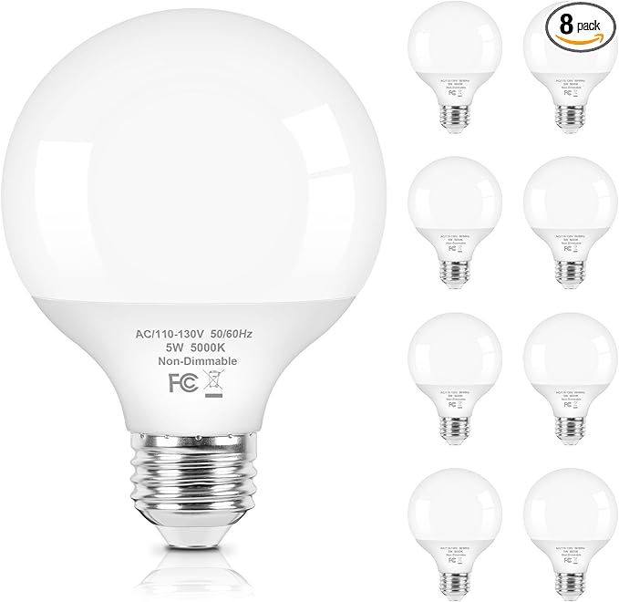 Brightever G25 Globe Light Bulbs 60 Watt, 5W 5000K Daylight White LED Vanity Light Bulbs, E26 Base Bathroom Light Bulbs Over Mirror, Non-Dimmable Round Light Bulb, 600LM, 8-Pack