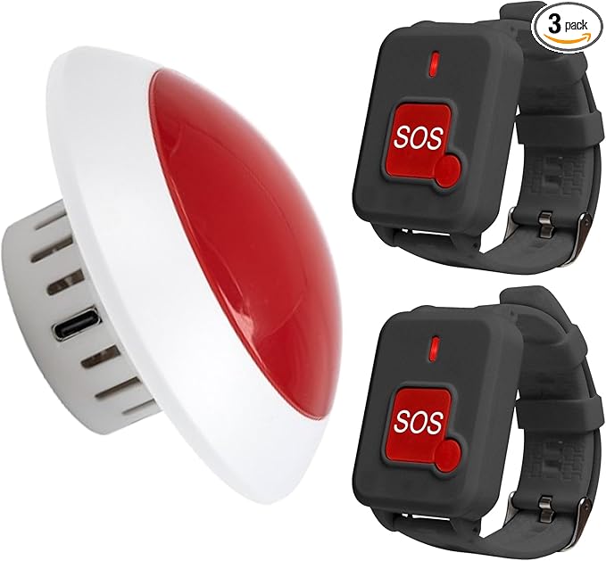 Wireless Caregiver Pager System with 1 Strobe Light Receiver and 2 Waterproof Wrist SOS Panic Buttons Emergency Alert for Elderly & Disabled, Home Care & Hospitals, No Monthly Fee