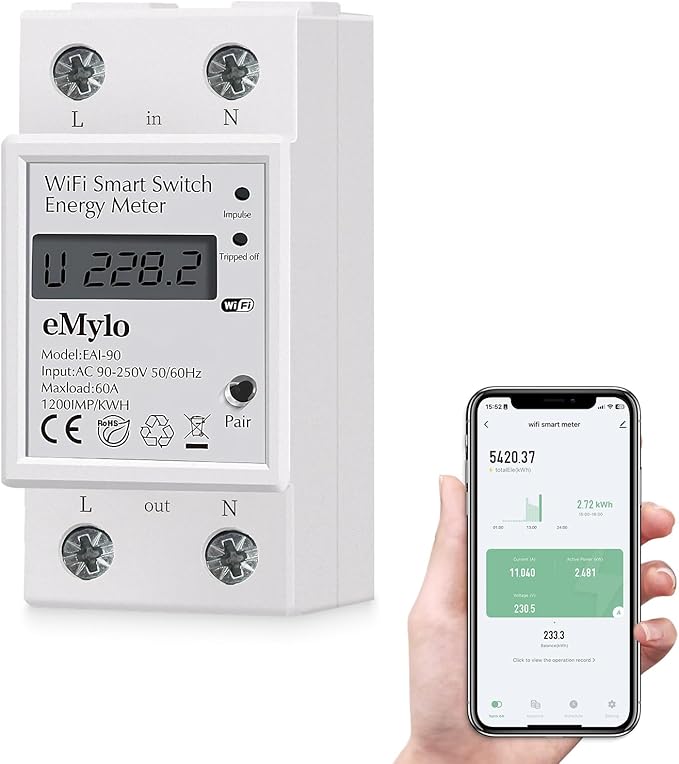 Smart Single-Phase Meter 60A 90-250V, Tuya Smart WiFi 35mm DIN-Rail Power Meter with Digital Display Watt-Hour Meter Home Power Consumption Monitor kWh Ammeter