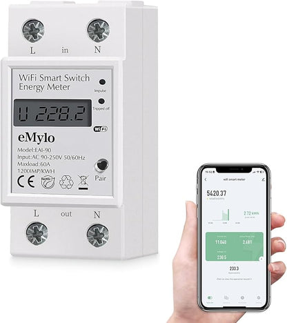 Smart Single-Phase Meter 60A 90-250V, Tuya Smart WiFi 35mm DIN-Rail Power Meter with Digital Display Watt-Hour Meter Home Power Consumption Monitor kWh Ammeter