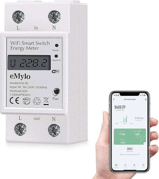 Smart Single-Phase Meter 60A 90-250V, Tuya Smart WiFi 35mm DIN-Rail Power Meter with Digital Display Watt-Hour Meter Home Power Consumption Monitor kWh Ammeter