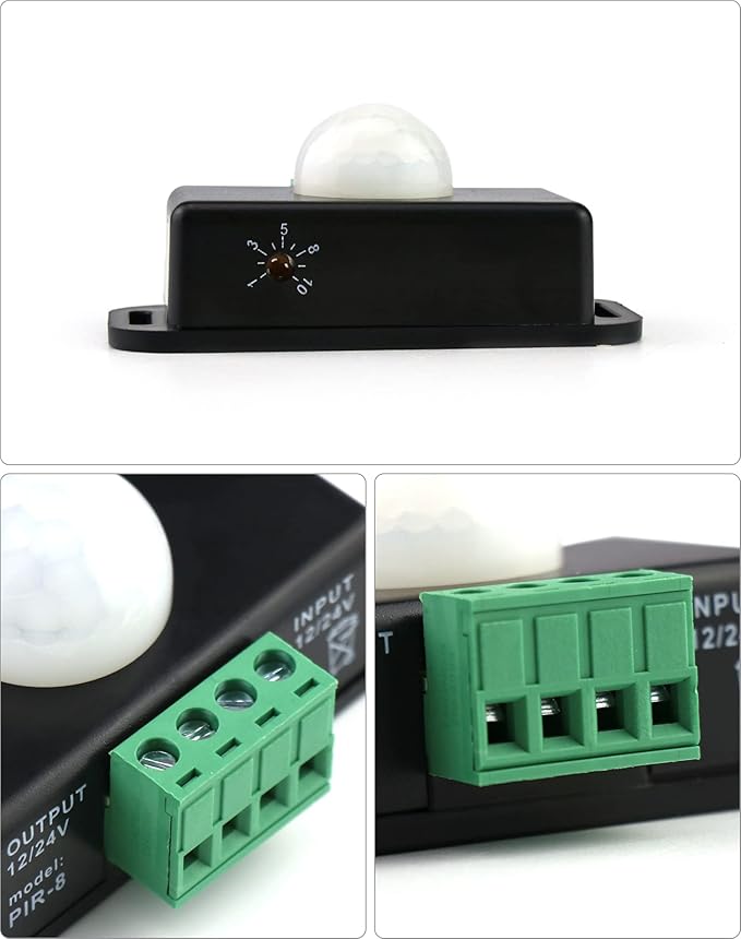 QWORK Motion Sensor LED Switch (4 Pack) with Timer Function, 12-24V, 6A, 5-8M Induction Distance, 1-10 Min Adjustable Delay Time, 60 Degree Field of View