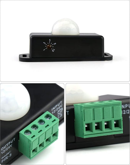 QWORK Motion Sensor LED Switch (4 Pack) with Timer Function, 12-24V, 6A, 5-8M Induction Distance, 1-10 Min Adjustable Delay Time, 60 Degree Field of View
