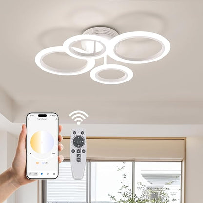 48W 4 Ring White LED Ceiling Light Dimmable for Bedroom Living Kitchen | 2800K-7000K Dimmable, Acrylic Ring Design, Modern Flush Mount Ceiling Lamp ideal for Living Spaces & Small Rooms