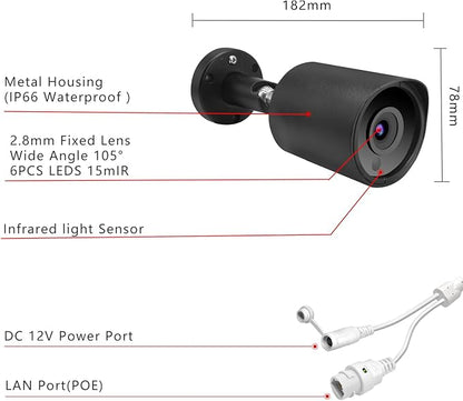 5MP PoE IP Security Camera, H.265 Bullet IP Camera with 105° Wide Angle, 2.8mm Lens, 80ft Night Vision, Compatible with Third-Party NVRs and Software (Black)