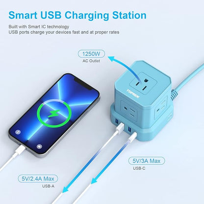 Surge Protector Power Strip, 10 FT Flat Extension Cord with 5 Outlets, 2 USB-C & 2 USB-A, Power Strip with USB for Living Room, Nightstand, Office, Travel, Desk Charging Station, 700J