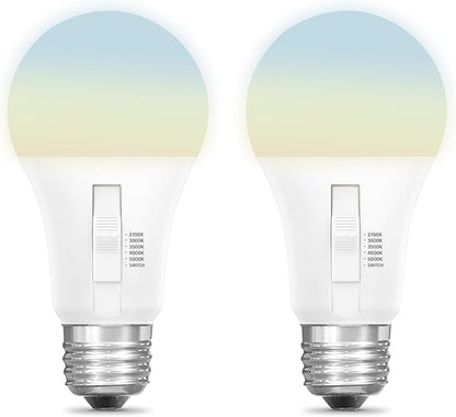 Feit Electric A19 LED Light Bulb, 40W Equivalent, Dimmable, Color Selectable 6-Way, 5CCT, E26 Medium Base, 90 CRI, 450 Lumens, Damp Rated Lightbulb, 22 Year Lifetime, OM40DM/6WYCA/2, 2 Pack