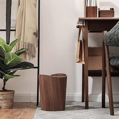 Round Stackable Wastebasket, Natural Wood Garbage Recycling Bin for Bathrooms, Kitchens, Home Offices (Dark Wood)