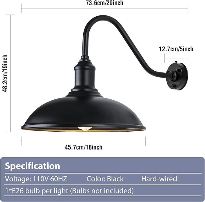 Dusk to Dawn Exterior Farmhouse Lighting 18" Diameter Barn Light Fixture for House with Anti-ponding Bottom, Barn Gooseneck Lighting for Garage Patio Porch (18" Diameter, 1 PC)