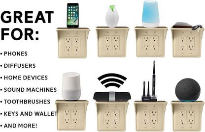 Power Perch Double Outlet Shelf Organizer for Alexa Echo Dot Speakers, Phone - Wall Outlet Holder with Cord Storage Strap - Socket Shelf Bathroom Kitchen Counter Charging Station - Almond 2 Pack