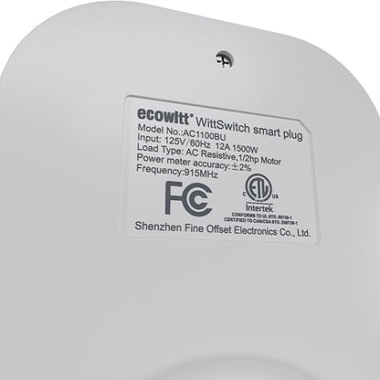 ECOWITT WittSwitch AC1100 Smart Outlet Switch, Need to Pair with IoT Wi-Fi Gateway(GW2000/GW1200), 4 Operation Modes, APP Control, American Plug, 915 MHz