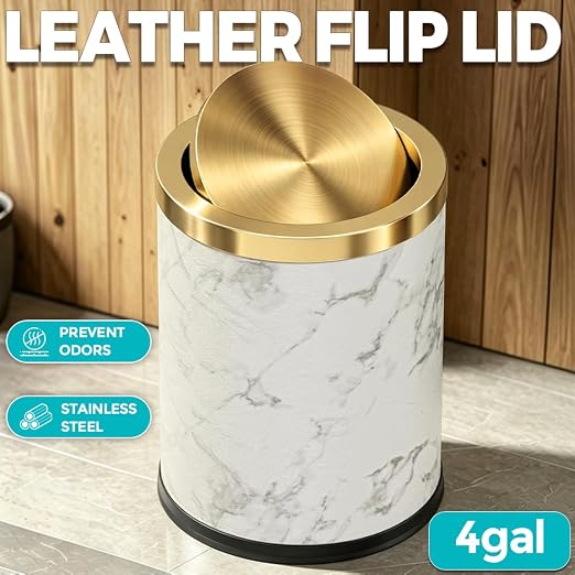 4 Gallon Bathroom Trash Can with Swing Lid, White Marble
