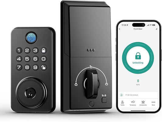 Fingerprint Door Lock with Handle, Smart Keyless Entry Door Lock with App, Stores 50 Fingerprints and 50 User Codes, IP65 Weatherproof Keypad Deadbolt for Front & Interior Doors, Auto-Lock, Black