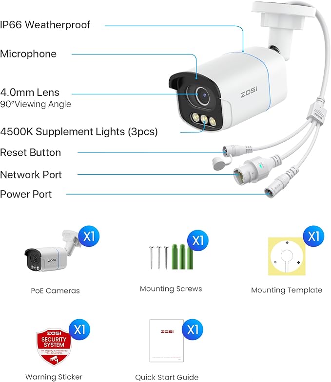 ZOSI C186 4K Add on PoE Security Camera,True Color Night Vision,8MP Outdoor Indoor CCTV,Aurora Lux,Person/Vehicle Detection,2-Way Audio,Spotlight Siren(Only Compatible Same Brand 4K PoE NVR)
