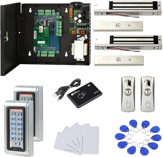Waterproof Metal Keypad Reader TCP/IP 2 Doors Access Control Kit Outdoor Install Magnetic Lock Metal Exit Button 110V Power Box RFID Cards/Key Fob(Phone APP remotely Open Door)