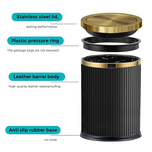 4 Gallon Bathroom Trash Can with Lid, Black Leather Garbage Can, Modern, Bedroom Wastebaskets, for Kitchen Powder Room Hotel Office (15L Black)