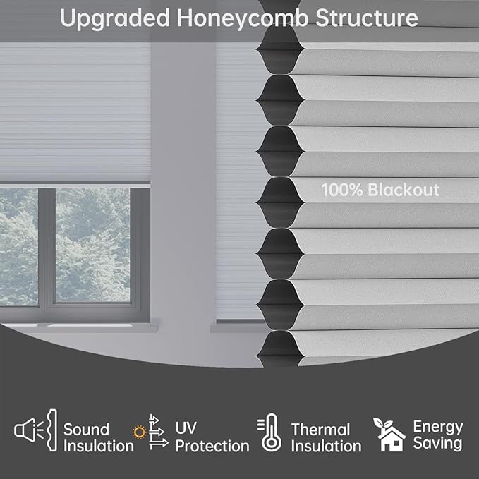 Cellular Shades Blackout Honeycomb Blinds for Indoor Windows, Cordless Cellular Shades 1.5 inch Cell Pleated for Bedroom Home Office, Custom Size, Blackout Pearl