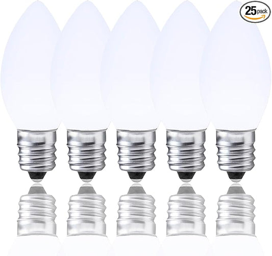 C7 Cool White LED Bulbs Dimmable Christmas Lights, 25 Pack, 0.72W Indoor/Outdoor, Waterproof, Night Light, E12 Base, IP65