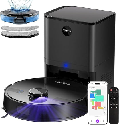 MONSGA Robot Vacuum and Mop Combo, 6000Pa Robotic Vacuum with 3.5L Self Emptying Station, Lidar Navigation Robot Vacuum Cleaner, 180mins Runtime, APP/Remote/Voice Control, for Hard Floors and Carpets