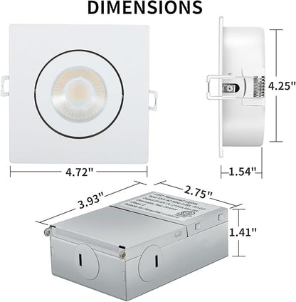 KnLnny Ware Square Gimbal Recessed Lighting 4 Inch 6 Pack,Eyeball Led Lights with Junction Box,5CCT Selectable,9W 750LM,Dimmable
