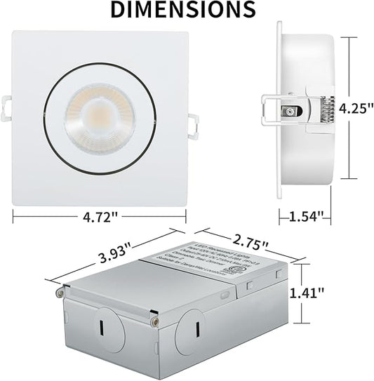KnLnny Ware Square Gimbal Recessed Lighting 4 Inch 6 Pack,Eyeball Led Lights with Junction Box,5CCT Selectable,9W 750LM,Dimmable