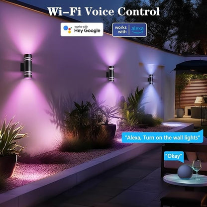KIZON Smart Porch Lights 2 Pack, Modern Dusk to Dawn Outdoor Wall Lights Color Changing, Dimmable RGB Exterior Sconce Up and Down Light, Outside Lights for House Garage, Compatible with Alexa