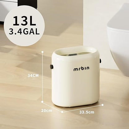 MRBIN Small Bathroom Trash Can with Lid, Automatic Adsorption Open Top 3.2 Gal Touchless Motion Sensor Waste Basket, Slim Decor Garbage Bin for Bedroom, Office, Cream White