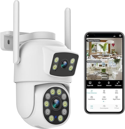 2K Dual Lens Outdoor Security Camera, 360° View Pan/Tilt 2.4G WiFi Wireless Linkage Cameras for Home Security, Home Surveillance Camera with Auto Tracking, Color Night Vision, Two-Way Audio