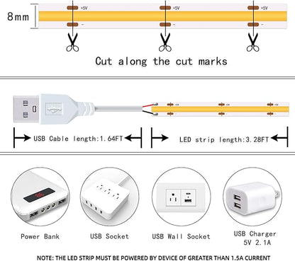 Led Strip Lights, 5V USB LED Lighting COB Short LED Strip Light White Flexible Not Dimmable led Light for Display Cabinet, Living Room,DIY Home COB Lighting Decor tv Lights (3.28FT 6500K)