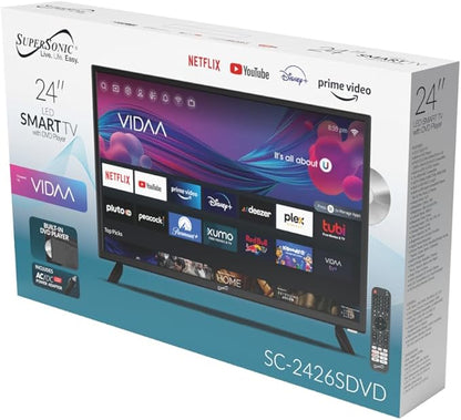 Supersonic SC-2426SDVD 24-inch LED Smart HDTV w/DVD Player, ATSC & NTSC System, 3X HDMI, 1080p, WiFi, USB, Multi Language OSD, AC/DC Compatible for Home, Kitchen, or RV Camper, DC Car Cord Included