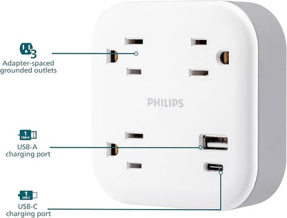Philips EZFit 3-Outlet Surge Outlet Extender with USB, 1 USB-A, 1 USB-C