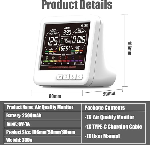 Professional Indoor Air Quality Monitor with AQI Alerts, Portable Real-Time Detector for Home, Car, Plants & Pets