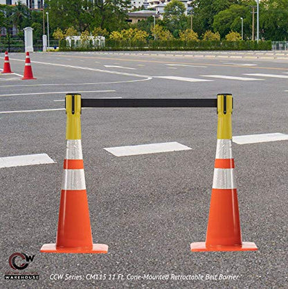 Trafford Industrial 11 Ft. Cone-Mounted Retractable Belt Barrier Orange Case with Blue and White Diagonal Belt
