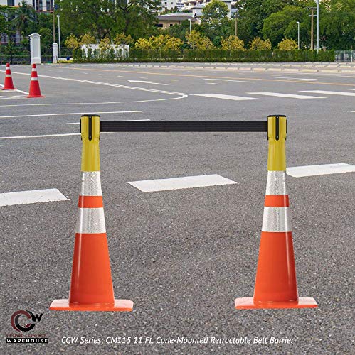 Trafford Industrial 11 Ft. Cone-Mounted Retractable Belt Barrier Yellow Case with Yellow"Danger - Forklift Trucks" Black Letters Belt