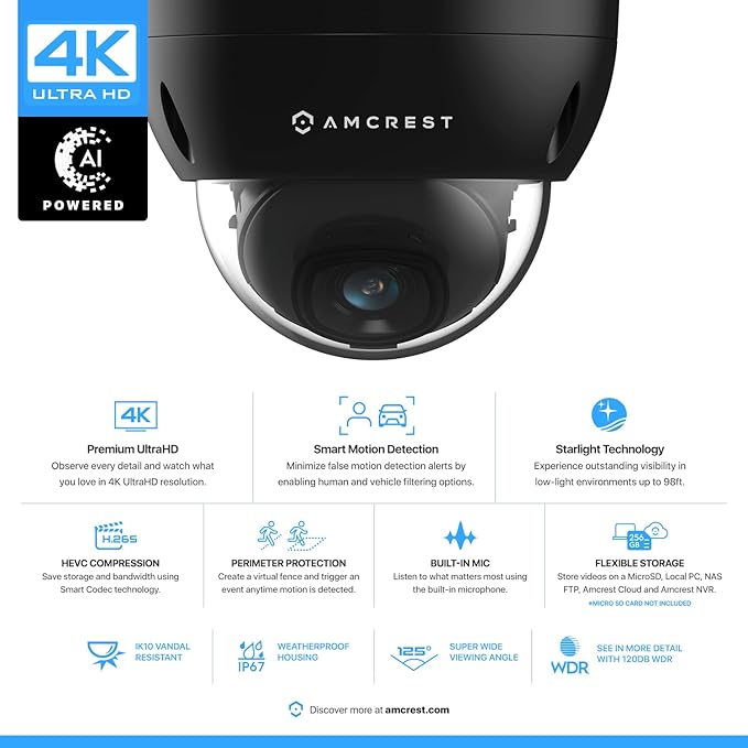 Amcrest UltraHD 4K (8MP) Dome POE IP Camera, 3840x2160, 98ft NightVision, 2.8mm Lens, IP67 Weatherproof, 125° FOV, 256GB MicroSD Recording, Black (IP8M-2493EB-AI-V3)