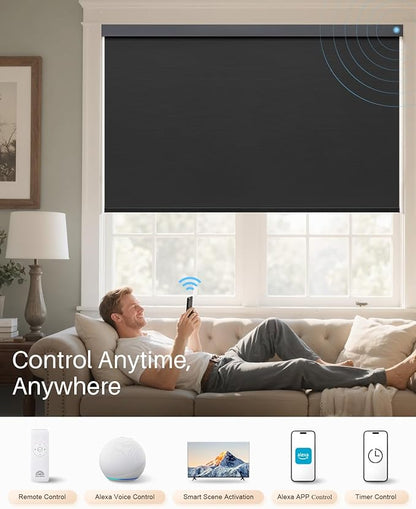 Smart Roller Shades for Windows, Alexa Blackout Motorized Blinds with Remote Control, Easy Install Automatic Electric Blinds for Indoor (33" W x 72" H, Black)