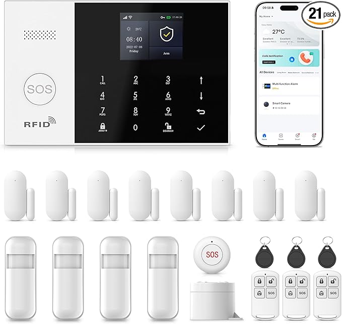 Home Security Systems,Door & Window Alarms for Home Kit,WiFi+GSM/4G Door/Window Alarm,Motion Sensors,SOS Button,Remote orSmart Life Tuya APP Control,for Apartment Kids Safety NO Monthly Fees,