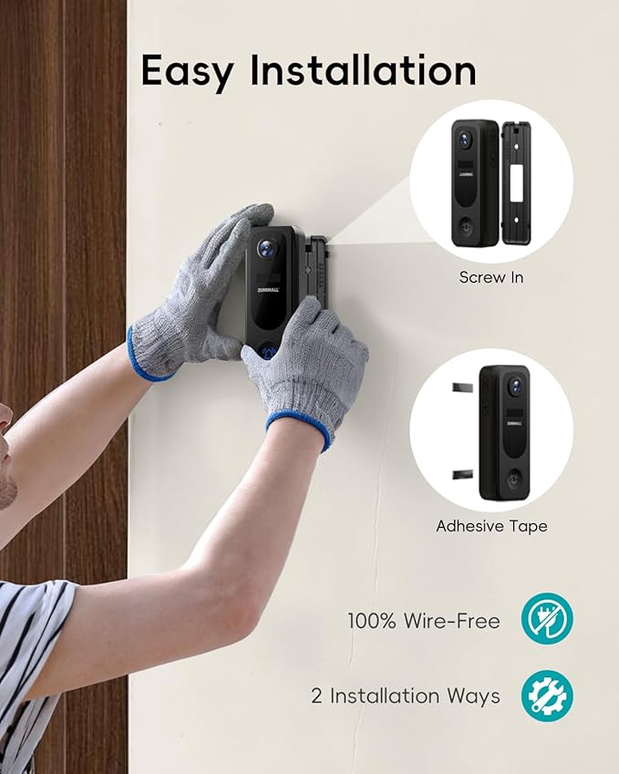 ZUMIMALL Doorbell Camera Wireless No Subscription - 2K Video Doorbell with Chime, 2 Way Audio, Anti-Theft, PIR Human/AI Detection, Local/Cloud Storage, 2.4GHz WiFi, Battery Powered, Work with Alexa