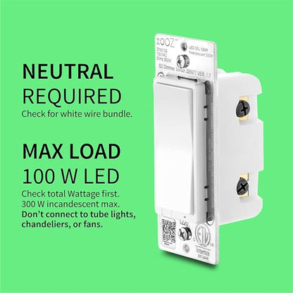 Zooz 800 Series Z-Wave Long Range S2 Dimmer Switch ZEN77 800LR, White | Simple Direct 3-Way and 4-Way Solution (Works with Regular Switches, No Aux Switch Needed) | Z-Wave Hub Required