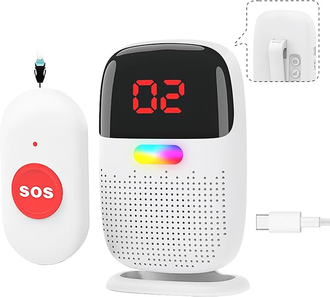 Caregiver Pager System with Digital Display for Elderly Assistance, Fall Prevention, and Nurse Calling，Wearable Wireless Pager for Patient Help at Home(1 Call Buttons + 1 Receivers)