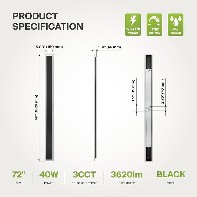 ASD LED 72" Long Wall Mount Light Fixture, Outdoor & Indoor Linear Sconce | 3CCT, Dimmable, Waterproof, Anti-Rust, ETL Listed | 40W 3570LM 3000-5000K 100-277V | Exterior Porch Lighting | Black