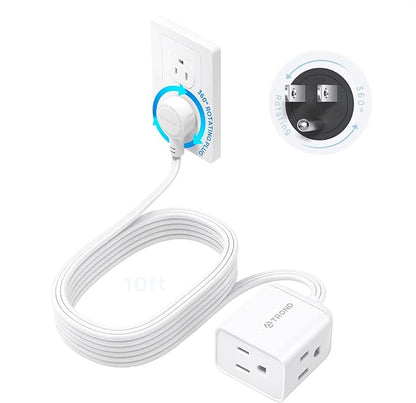 TROND Rotating Flat Plug Extension Cord Surge Protector 10ft, 3 AC, White