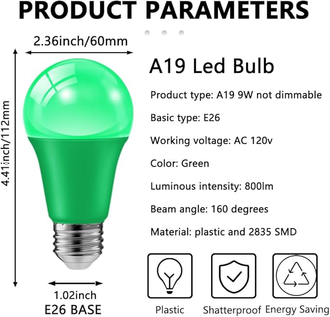 haraqi 8 Pack 9W (60W Equivalent) 120V E26 Base A19 LED Colored Light Bulb, Green LED Lights for Party Christmas Decor and Halloween Lighting