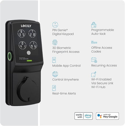 Lockly Secure Pro Wi-Fi Smart Door Lock, Keyless Entry with PIN Genie® Digital Keypad, 3D Biometric Fingerprint Sensor Front Door Lock Deadbolt, Voice Control & Auto Lock - Left Fingerprint Edition