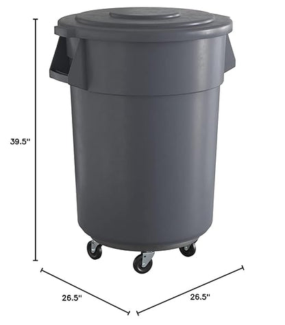 55 Gallon Gray Round Commercial Trash Can with Lid and Dolly, Heavy-Duty Food Grade NSF Certified, Perfect for Restaurant, Office, School, Garage, Backyard, Workshop, Warehouse
