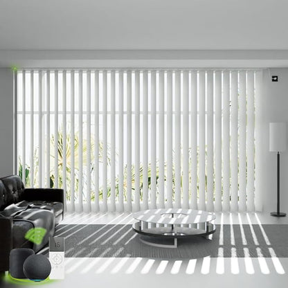Motorized Vertical Blind Compatible with Alexa Google Home，Smart Vertical Blind Remote Control Privacy Reversible Blackout Blinds for Patio Sliding Glass Door Customize White