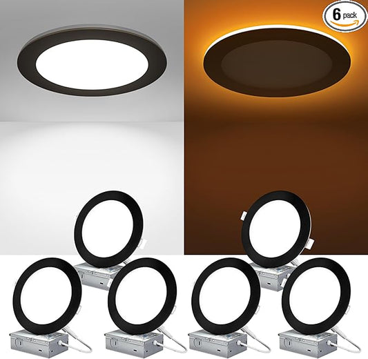 ZYC Canless LED Recessed Lighting 6 Inch 6 Pack 5CCT Ultra-Thin Downlight Lights with Night Light Mode,12W 1100LM Dimmable Retrofit Wafer Recessed Ceiling Light,1800K to 6000K ETL,FCC